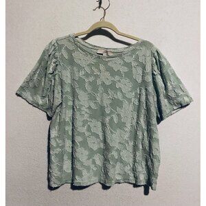 LOFT Top Womens XL Floral Puff Sleeve Textured Mint Green Cottagecore